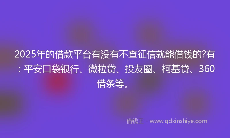 2025年的借款平台有没有不查征信就能借钱的?有：平安口袋银行、微粒贷、投友圈、柯基贷、360借条等。