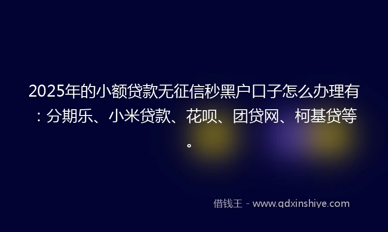 2025年的小额贷款无征信秒黑户口子怎么办理有：分期乐、小米贷款、花呗、团贷网、柯基贷等。