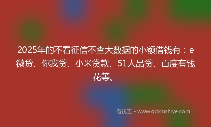 2025年的不看征信不查大数据的小额借钱有：e微贷、你我贷、小米贷款、51人品贷、百度有钱花等。