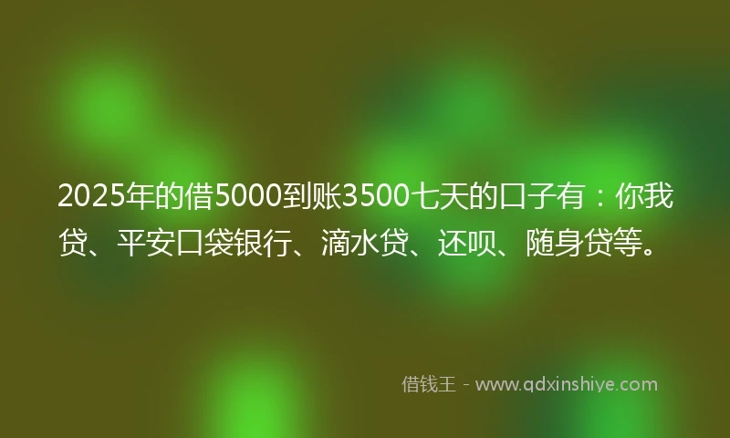 2025年的借5000到账3500七天的口子有：你我贷、平安口袋银行、滴水贷、还呗、随身贷等。