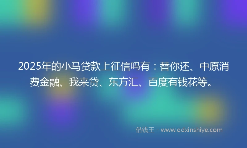 2025年的小马贷款上征信吗有：替你还、中原消费金融、我来贷、东方汇、百度有钱花等。
