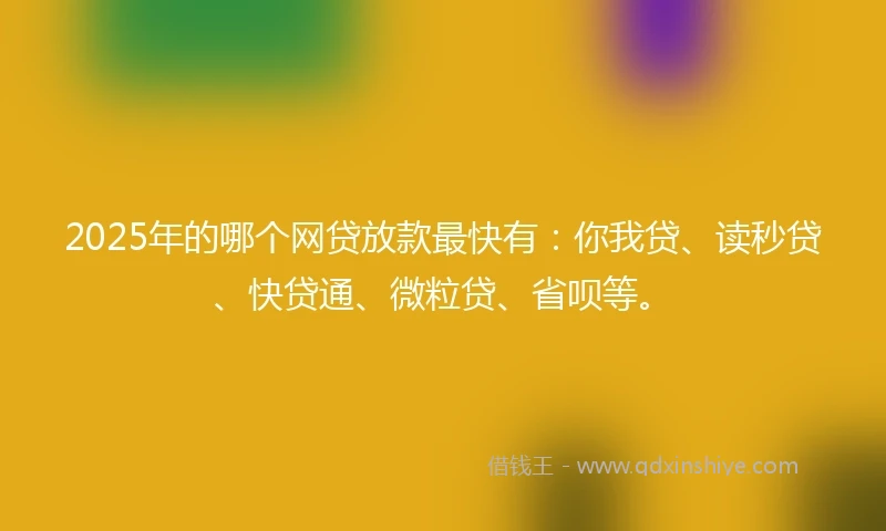2025年的哪个网贷放款最快有：你我贷、读秒贷、快贷通、微粒贷、省呗等。