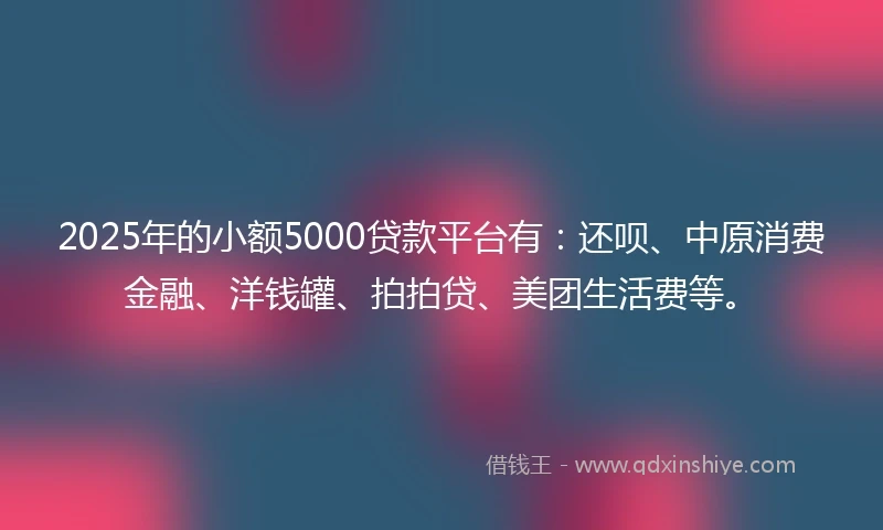 2025年的小额5000贷款平台有：还呗、中原消费金融、洋钱罐、拍拍贷、美团生活费等。