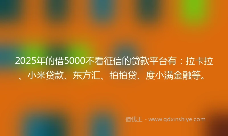 2025年的借5000不看征信的贷款平台有：拉卡拉、小米贷款、东方汇、拍拍贷、度小满金融等。