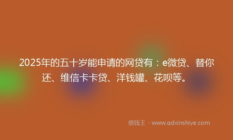 2025年的五十岁能申请的网贷有：e微贷、替你还、维信卡卡贷、洋钱罐、花呗等。
