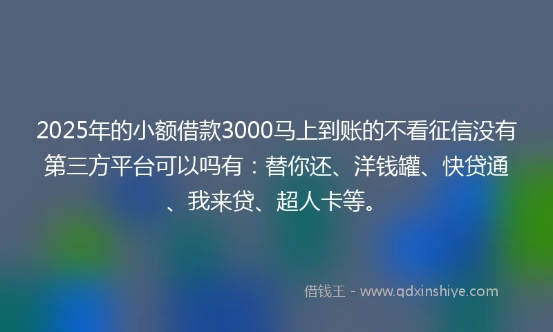 2025年的小额借款3000马上到账的不看征信没有第三方平台可以吗有：替你还、洋钱罐、快贷通、我来贷、超人卡等。