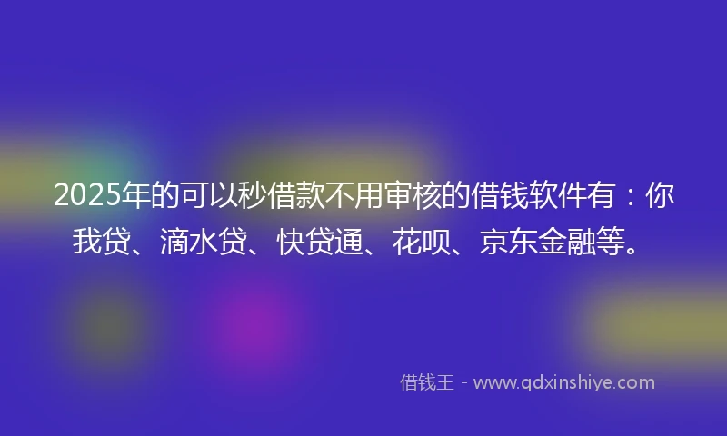 2025年的可以秒借款不用审核的借钱软件有：你我贷、滴水贷、快贷通、花呗、京东金融等。