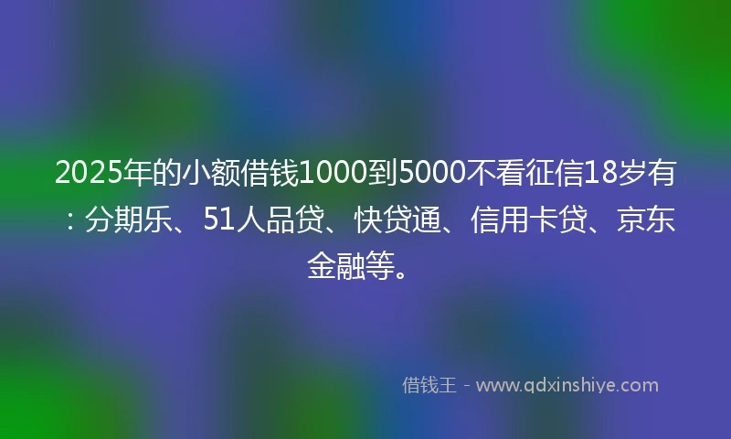 2025年的小额借钱1000到5000不看征信18岁有：分期乐、51人品贷、快贷通、信用卡贷、京东金融等。