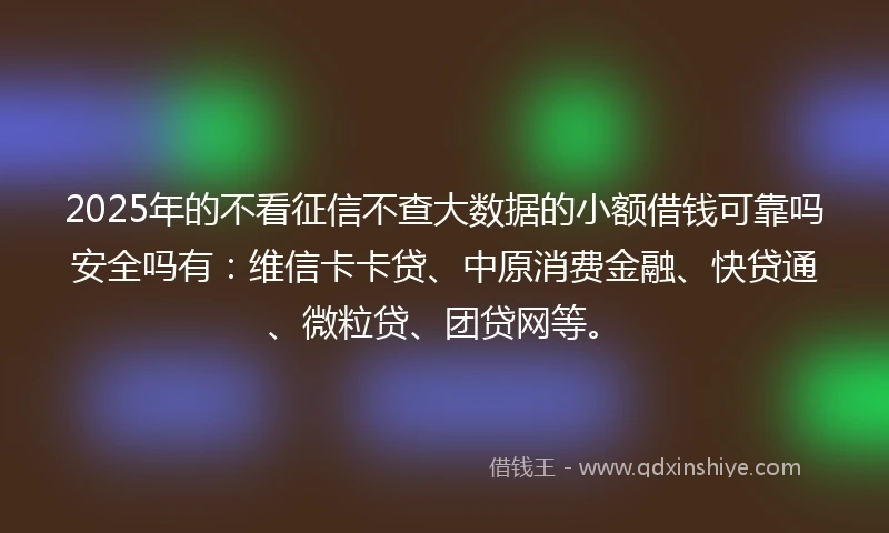2025年的不看征信不查大数据的小额借钱可靠吗安全吗有：维信卡卡贷、中原消费金融、快贷通、微粒贷、团贷网等。