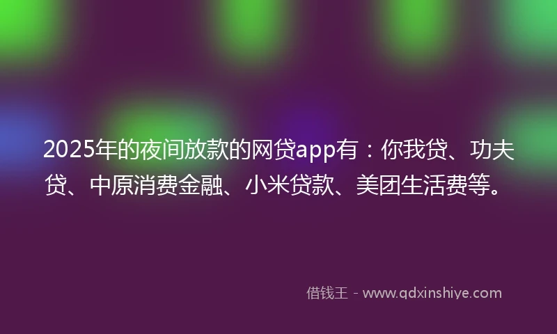 2025年的夜间放款的网贷app有：你我贷、功夫贷、中原消费金融、小米贷款、美团生活费等。