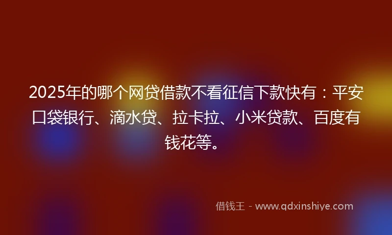2025年的哪个网贷借款不看征信下款快有：平安口袋银行、滴水贷、拉卡拉、小米贷款、百度有钱花等。