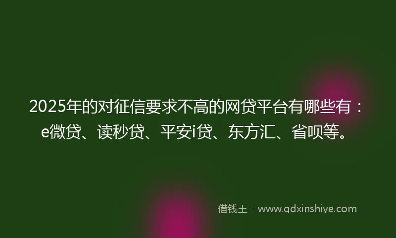 2025年的对征信要求不高的网贷平台有哪些有：e微贷、读秒贷、平安i贷、东方汇、省呗等。
