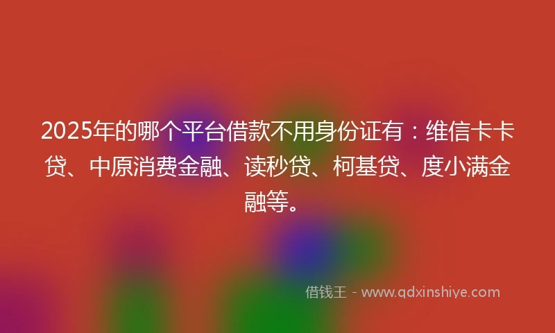 2025年的哪个平台借款不用身份证有：维信卡卡贷、中原消费金融、读秒贷、柯基贷、度小满金融等。