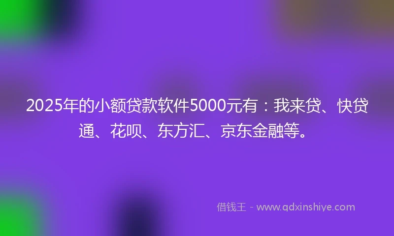 2025年的小额贷款软件5000元有：我来贷、快贷通、花呗、东方汇、京东金融等。