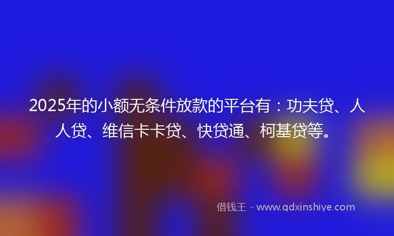 2025年的小额无条件放款的平台有：功夫贷、人人贷、维信卡卡贷、快贷通、柯基贷等。