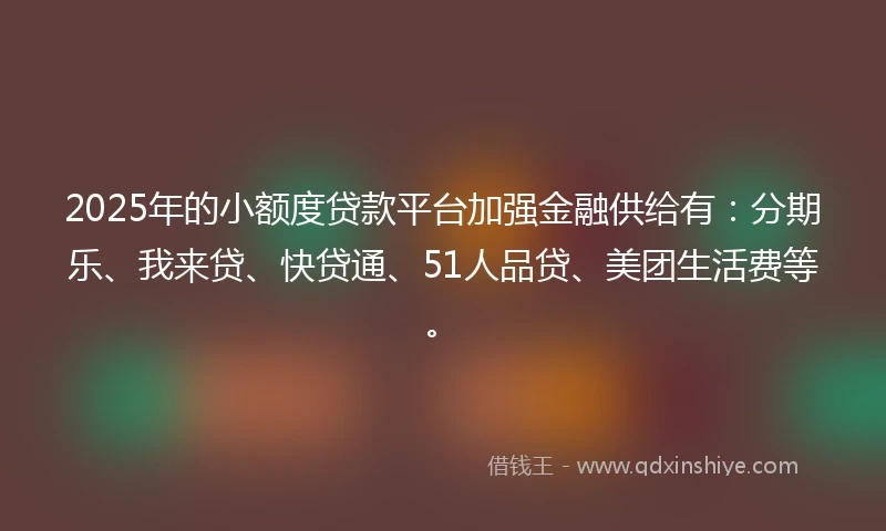 2025年的小额度贷款平台加强金融供给有：分期乐、我来贷、快贷通、51人品贷、美团生活费等。