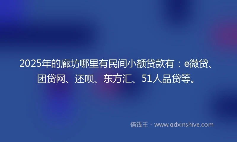 2025年的廊坊哪里有民间小额贷款有：e微贷、团贷网、还呗、东方汇、51人品贷等。