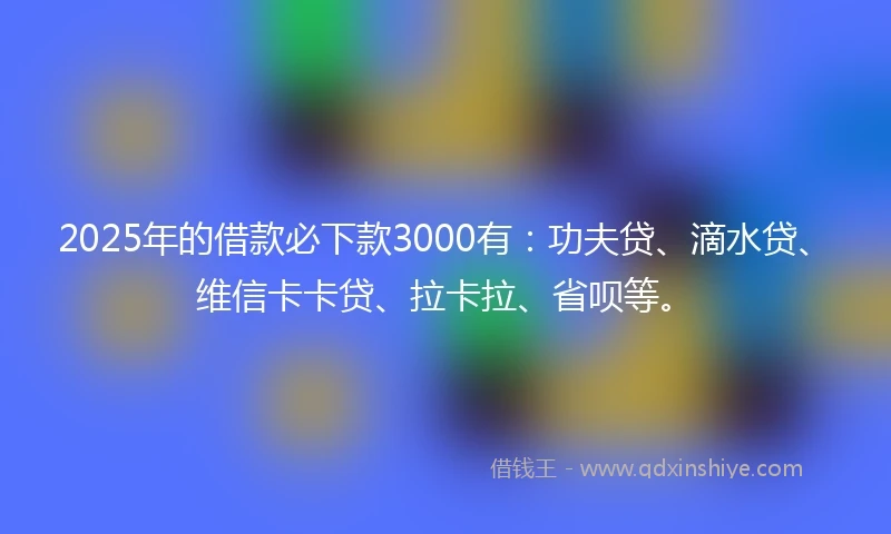 2025年的借款必下款3000有：功夫贷、滴水贷、维信卡卡贷、拉卡拉、省呗等。