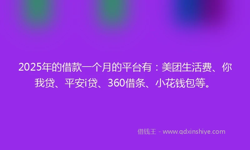 2025年的借款一个月的平台有：美团生活费、你我贷、平安i贷、360借条、小花钱包等。