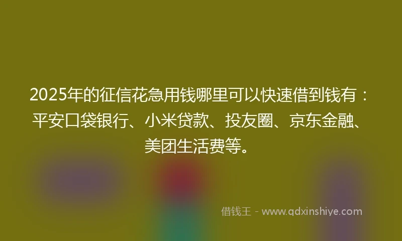 2025年的征信花急用钱哪里可以快速借到钱有：平安口袋银行、小米贷款、投友圈、京东金融、美团生活费等。