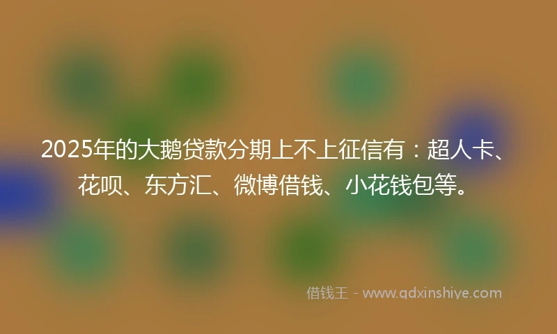 2025年的大鹅贷款分期上不上征信有：超人卡、花呗、东方汇、微博借钱、小花钱包等。
