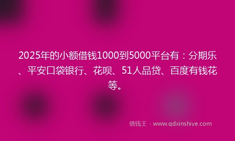 2025年的小额借钱1000到5000平台有：分期乐、平安口袋银行、花呗、51人品贷、百度有钱花等。