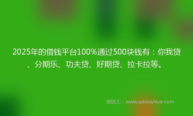 2025年的借钱平台100%通过500块钱有：你我贷、分期乐、功夫贷、好期贷、拉卡拉等。