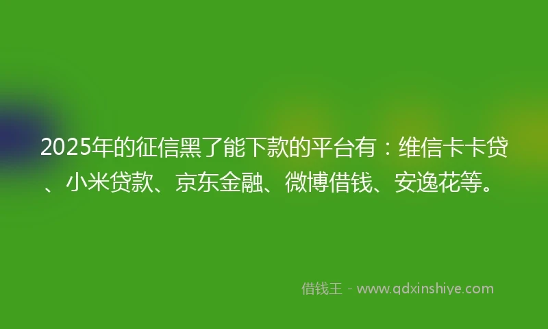 2025年的征信黑了能下款的平台有：维信卡卡贷、小米贷款、京东金融、微博借钱、安逸花等。