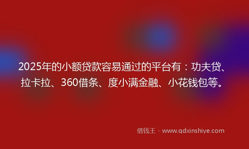 2025年的小额贷款容易通过的平台有：功夫贷、拉卡拉、360借条、度小满金融、小花钱包等。