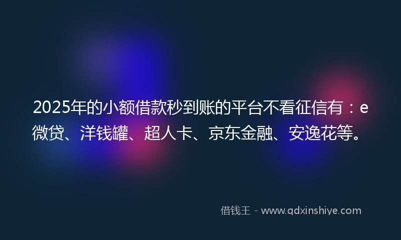 2025年的小额借款秒到账的平台不看征信有：e微贷、洋钱罐、超人卡、京东金融、安逸花等。
