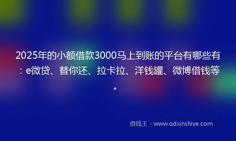 2025年的小额借款3000马上到账的平台有哪些有：e微贷、替你还、拉卡拉、洋钱罐、微博借钱等。