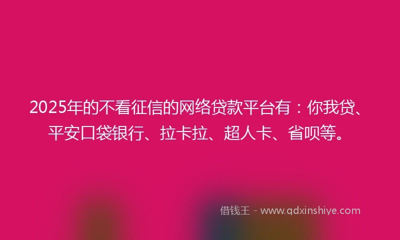 2025年的不看征信的网络贷款平台有：你我贷、平安口袋银行、拉卡拉、超人卡、省呗等。