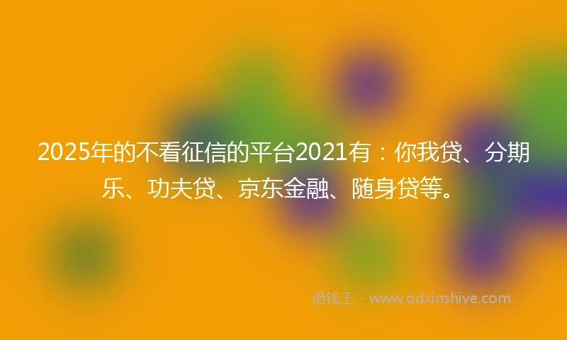 2025年的不看征信的平台2021有：你我贷、分期乐、功夫贷、京东金融、随身贷等。