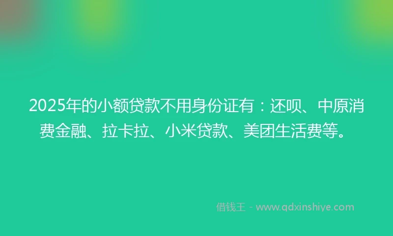 2025年的小额贷款不用身份证有：还呗、中原消费金融、拉卡拉、小米贷款、美团生活费等。