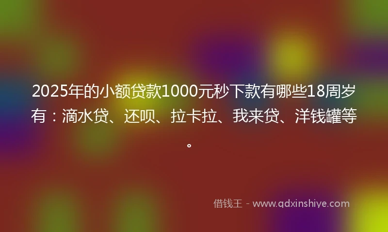 2025年的小额贷款1000元秒下款有哪些18周岁有：滴水贷、还呗、拉卡拉、我来贷、洋钱罐等。
