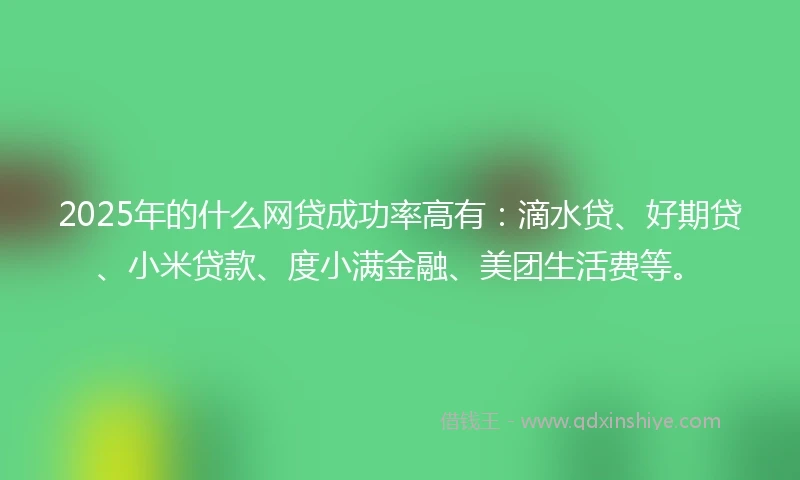 2025年的什么网贷成功率高有：滴水贷、好期贷、小米贷款、度小满金融、美团生活费等。