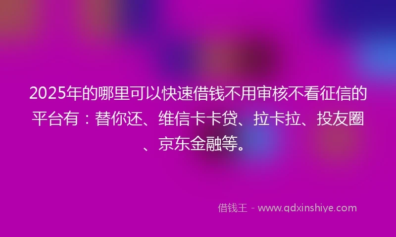 2025年的哪里可以快速借钱不用审核不看征信的平台有：替你还、维信卡卡贷、拉卡拉、投友圈、京东金融等。