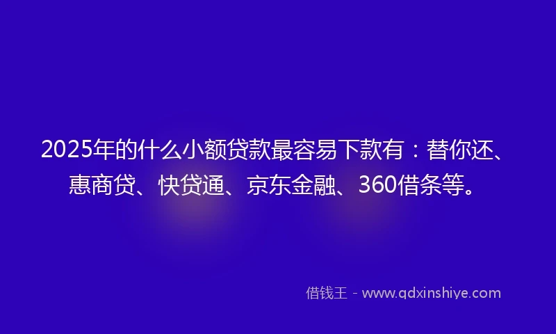 2025年的什么小额贷款最容易下款有：替你还、惠商贷、快贷通、京东金融、360借条等。