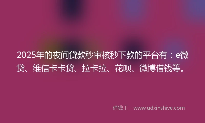 2025年的夜间贷款秒审核秒下款的平台有：e微贷、维信卡卡贷、拉卡拉、花呗、微博借钱等。