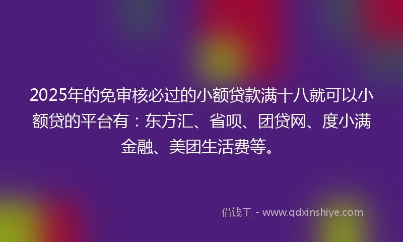 2025年的免审核必过的小额贷款满十八就可以小额贷的平台有：东方汇、省呗、团贷网、度小满金融、美团生活费等。