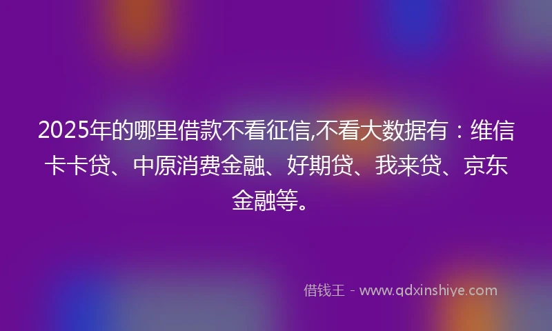 2025年的哪里借款不看征信,不看大数据有：维信卡卡贷、中原消费金融、好期贷、我来贷、京东金融等。
