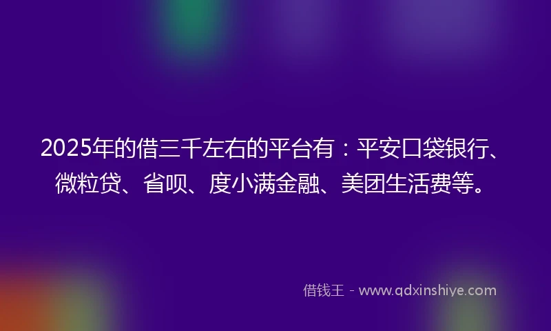 2025年的借三千左右的平台有：平安口袋银行、微粒贷、省呗、度小满金融、美团生活费等。