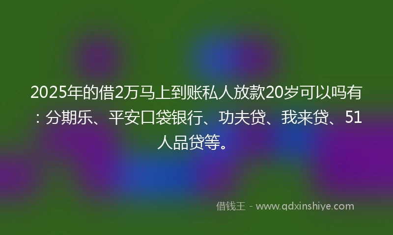 2025年的借2万马上到账私人放款20岁可以吗有：分期乐、平安口袋银行、功夫贷、我来贷、51人品贷等。