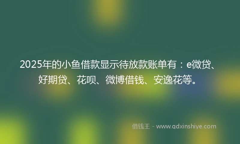 2025年的小鱼借款显示待放款账单有：e微贷、好期贷、花呗、微博借钱、安逸花等。