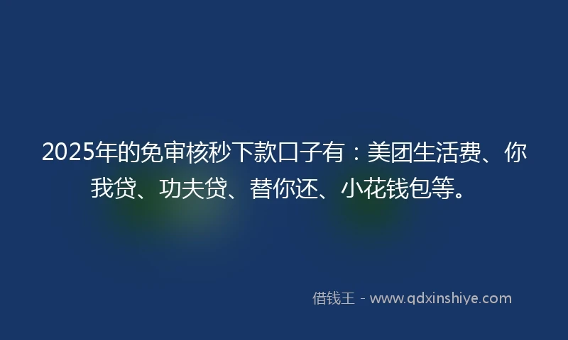 2025年的免审核秒下款口子有：美团生活费、你我贷、功夫贷、替你还、小花钱包等。