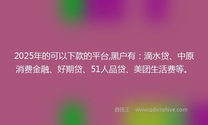 2025年的可以下款的平台,黑户有：滴水贷、中原消费金融、好期贷、51人品贷、美团生活费等。