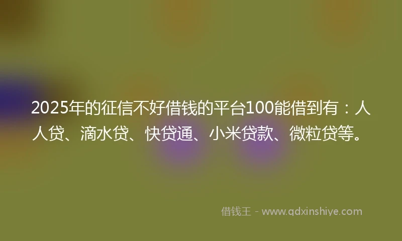 2025年的征信不好借钱的平台100能借到有：人人贷、滴水贷、快贷通、小米贷款、微粒贷等。