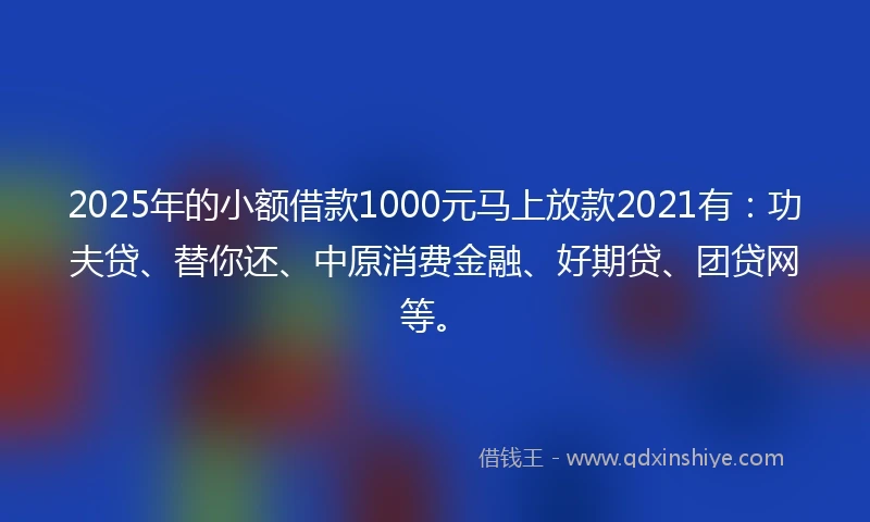 2025年的小额借款1000元马上放款2021有：功夫贷、替你还、中原消费金融、好期贷、团贷网等。