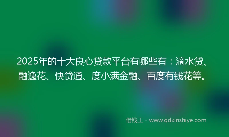 2025年的十大良心贷款平台有哪些有：滴水贷、融逸花、快贷通、度小满金融、百度有钱花等。