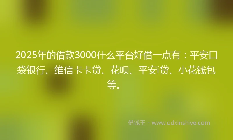 2025年的借款3000什么平台好借一点有：平安口袋银行、维信卡卡贷、花呗、平安i贷、小花钱包等。